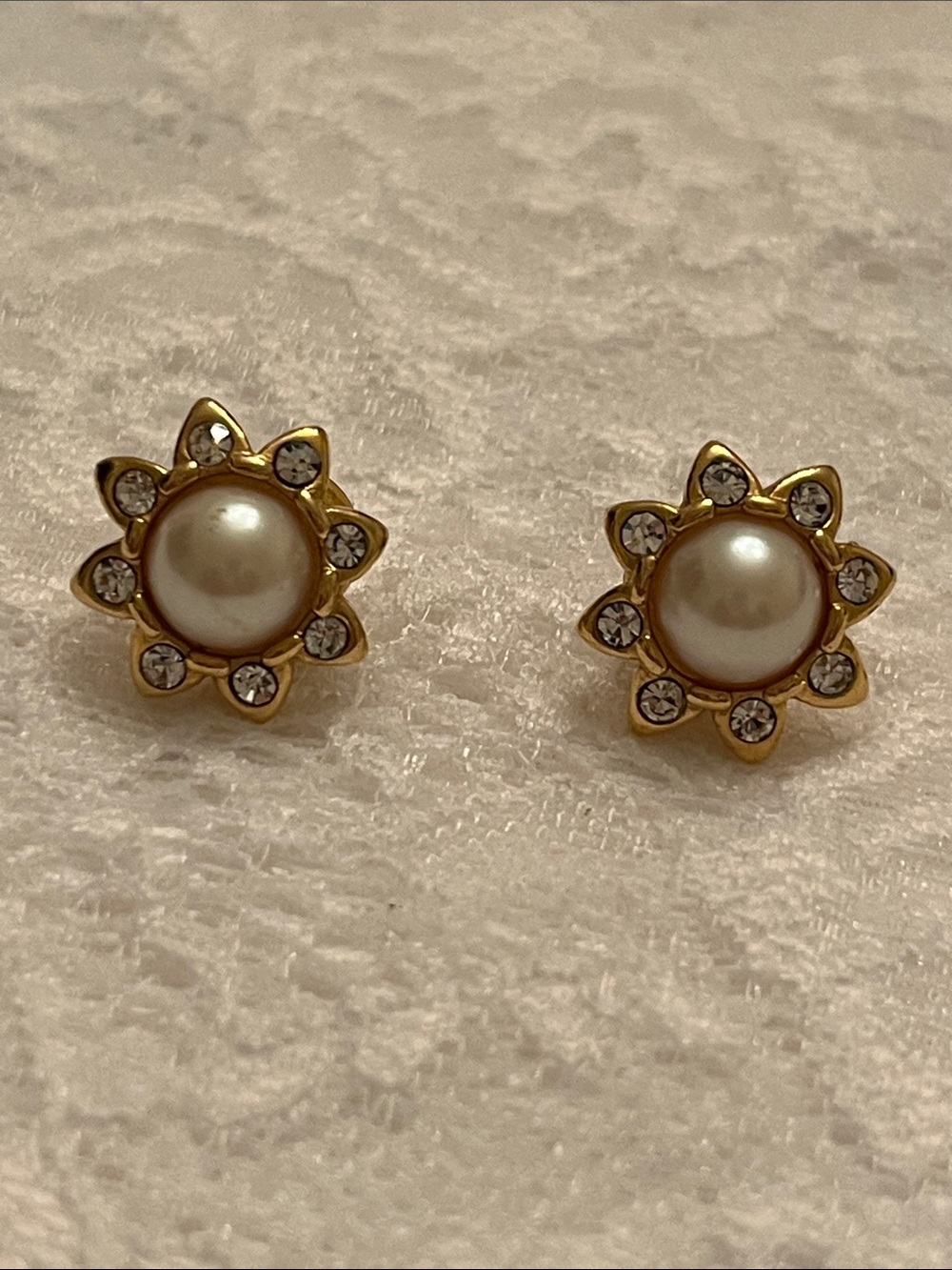 Vintage Napier Gold-Tone Flower Pearl & Crystal Stud Earrings